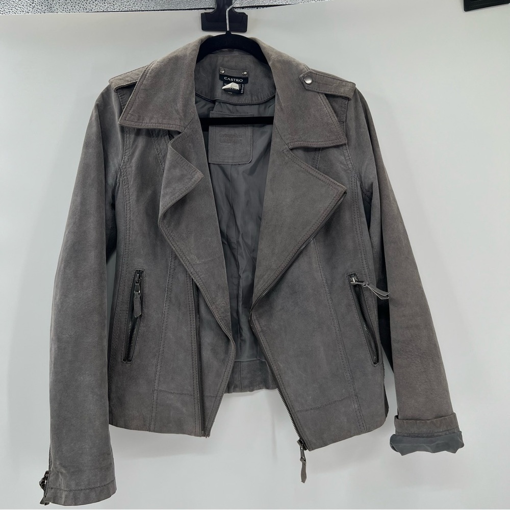 CASTRO Leather jacket genuine leather moto jacket green grey color